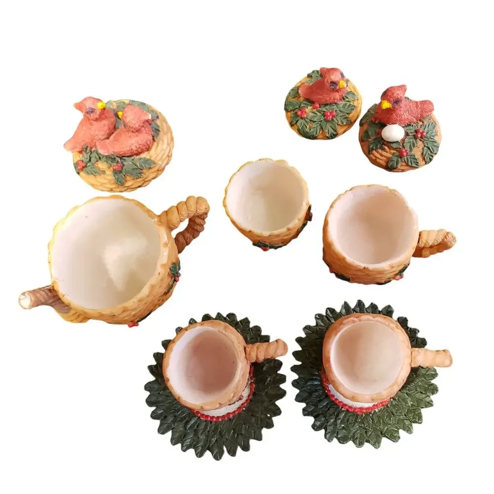 Vintage Bird Tea Set Spring Birds Nest Red Detailed 10 Pieces Miniature Tea Set